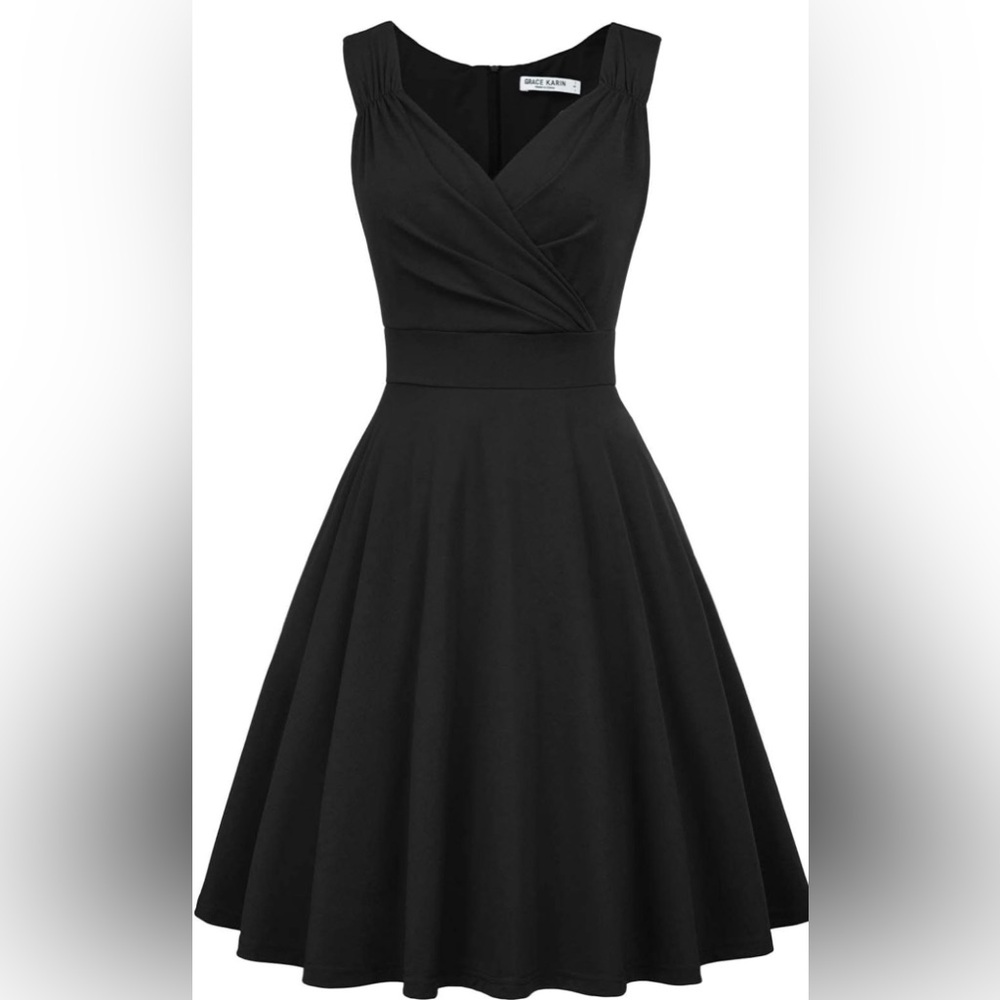 NWT Grace Karin Black Fit-and-Flare Wrap V Neck Cocktail Party Dress Large - Picture 4 of 8
